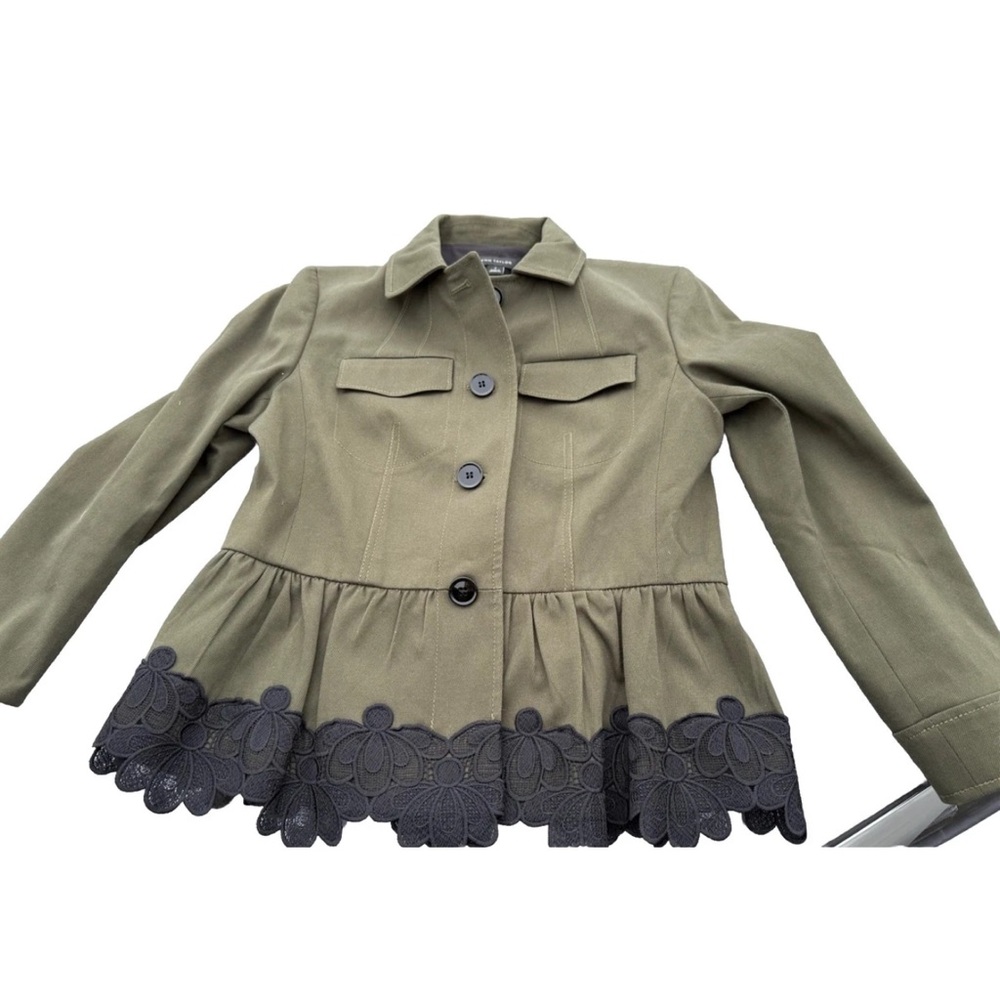 Ann Taylor Olive Green Peplum Jacket with Black Lace Hem